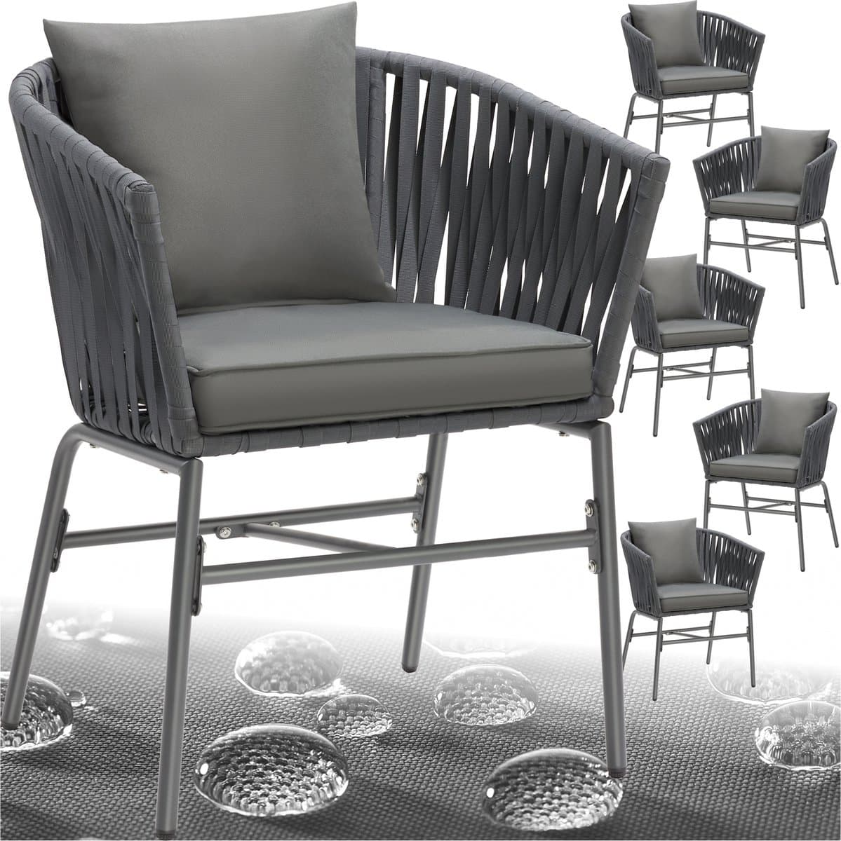 tectake® Tuinstoelen Valeiras - Set van 6 - Metalen Buitenstoel met Rope Design - Terrasstoel met Armleuningen - Tuinstoel - Tuin Fauteuil - Tuinmeubels - Tuinset met Waterafstotende Kussens en Verstelbare Poten