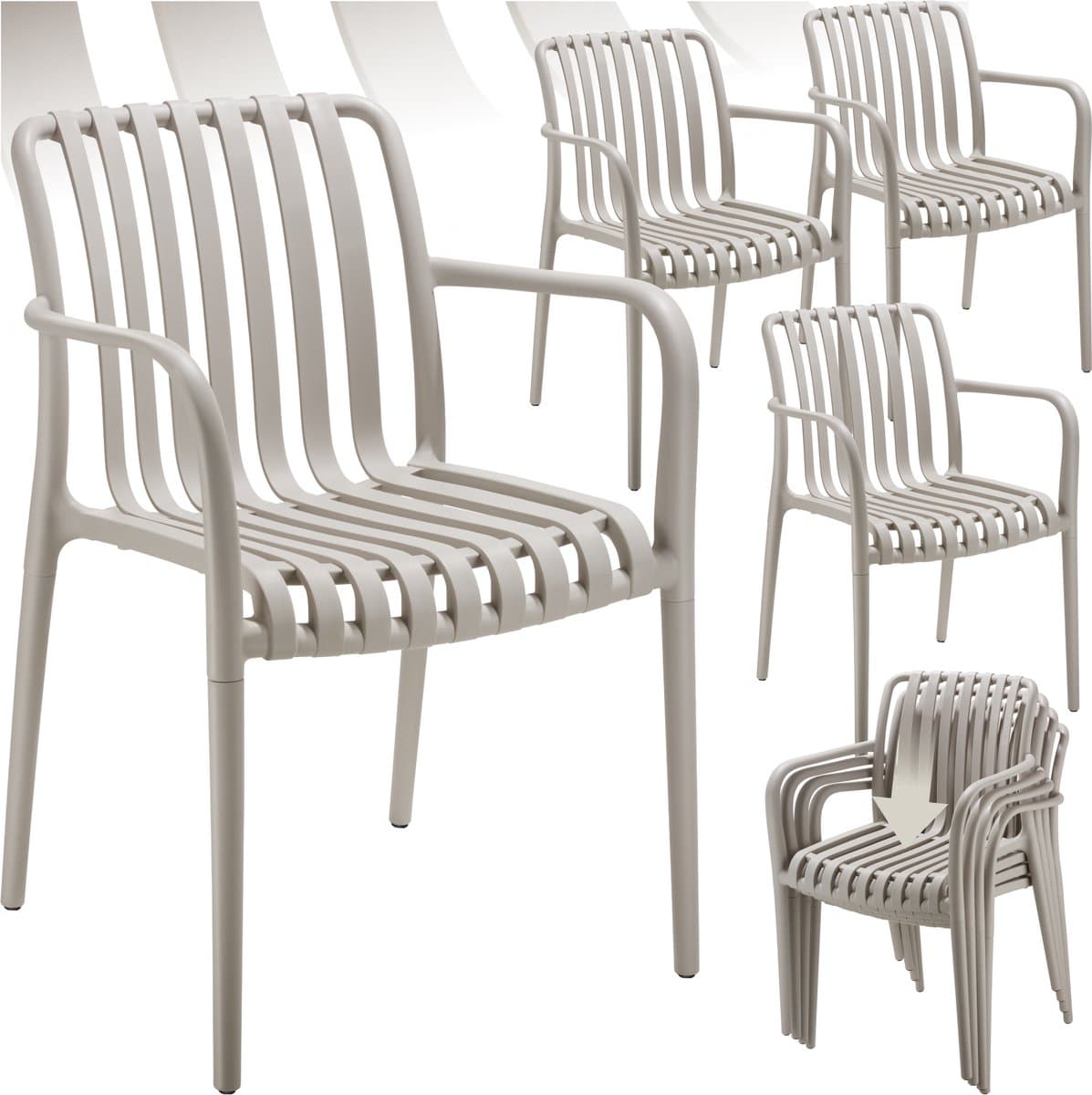 tectake® Set van 4 Tuinstoelen Alcudia - Taupe - Kunststof Stoelen met Armleuning- Stapelbaar - Stoelen voor Tuin, Terras of Balkon - Weerbestendig en UV-bestendig - Draagkracht 120kg per Tuinstoel