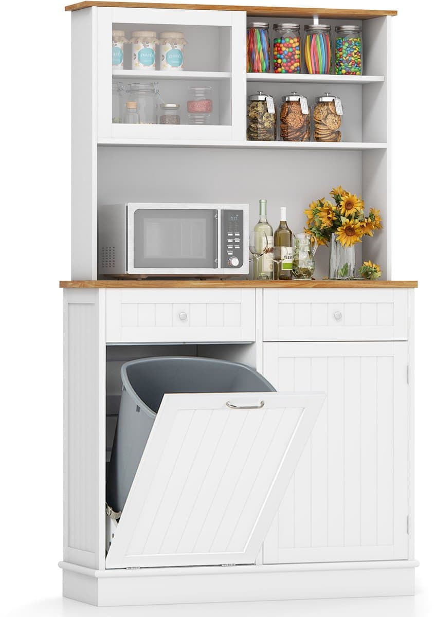 COSTWAY Keukenkast, voor 38 liter vuilnisemmer (niet inbegrepen), buffetkast met werkblad, lade en verstelbare planken, hoge kast keuken, hout voor magnetron, 100 x 34 x 172 cm, wit