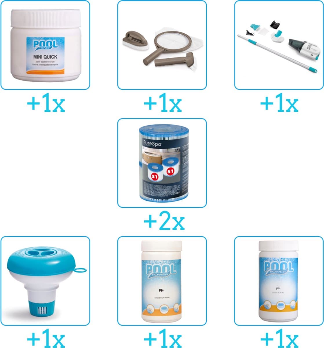 Zwembad Onderhoudspakket - Onderhoud Zwembad - bevat Chloor - Scrubpad - Schepnet - Borstel - Stofzuiger - Filters - Chloordrijver - PH-min en PH-plus (7-delig)