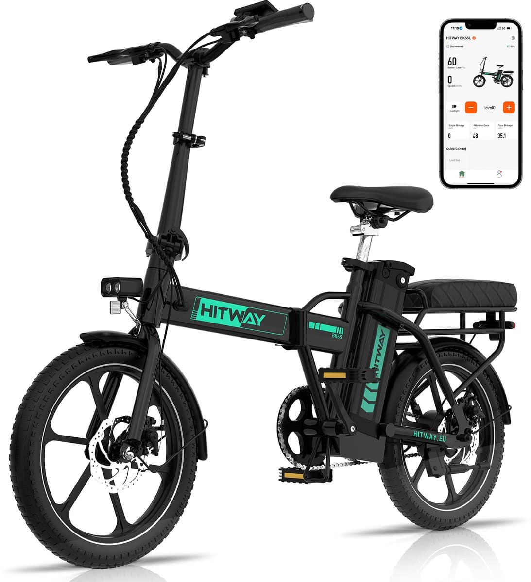 Hitway Elektrische Fiets BK5SL - 16 Inch City Commuter EBike met Afneembare 36V 13Ah Lithium Batterij - Opvouwbaar E-Bike met 250W Motor - IP54 Waterproof