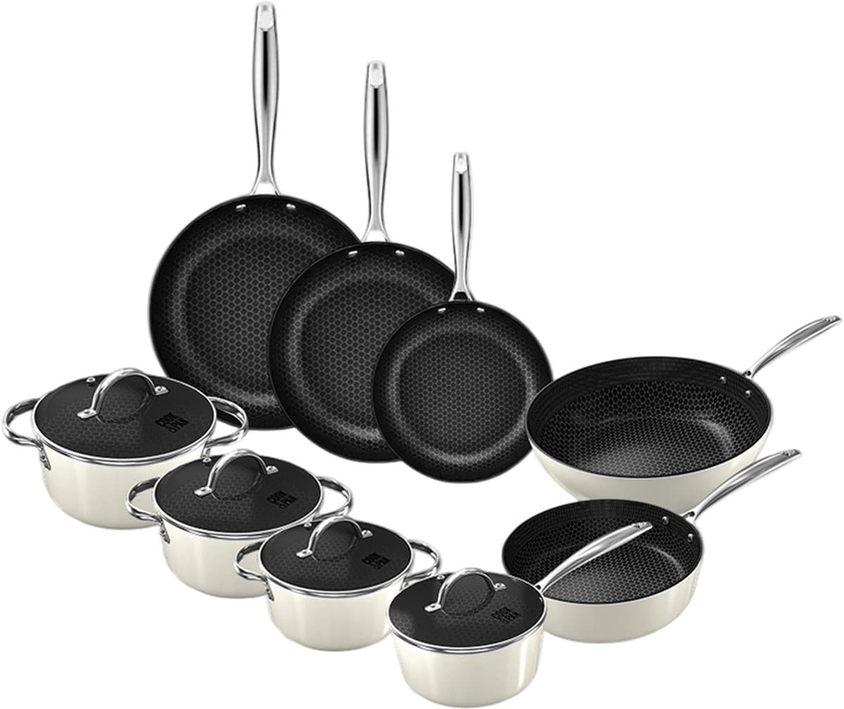 Cook & Pan Honey 9-Delige Pannenset Crème - PFAS vrij - Geschikt voor Inductie - Pannen Set met 7 jaar Garantie - Krasbestendige Anti Aanbaklaag - Vaatwasserbestendig - Koekenpan, Wokpan, Steelpan, Hapjespan, Kookpot - Beige