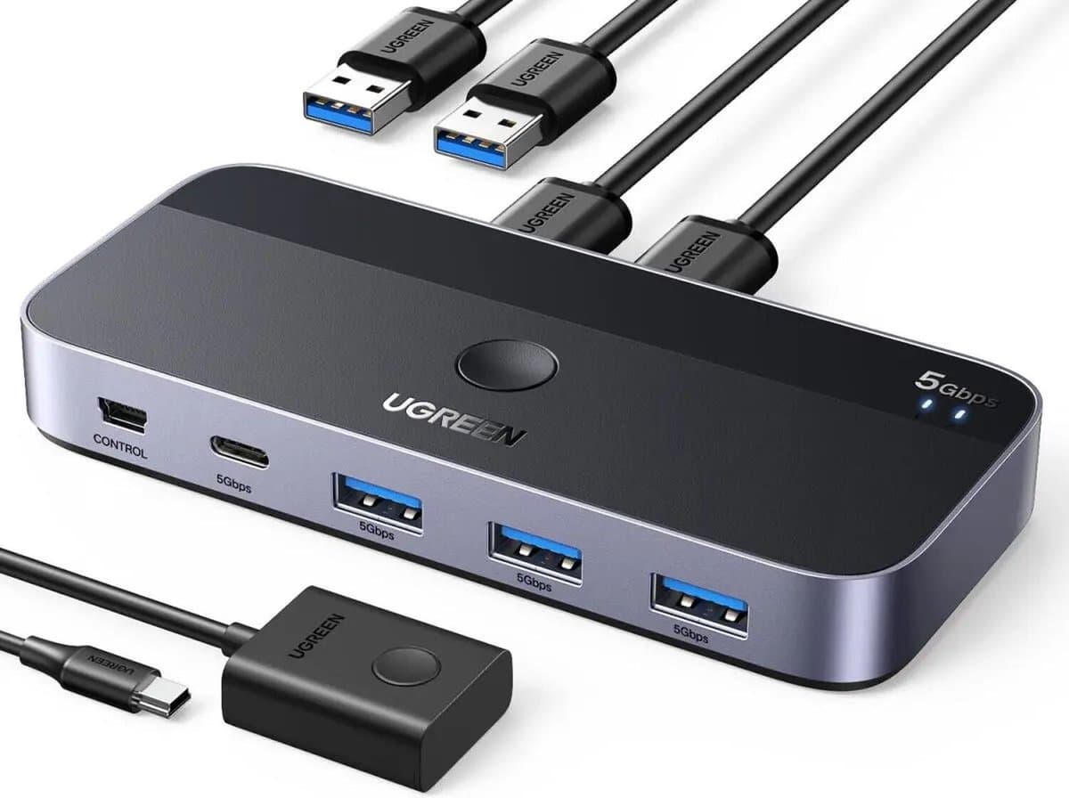 UGREEN USB 3.0 Sharing Switch - 2 in 4 Out - 2 Computers delen 4 USB-A/C apparaten - USB Switcher Hub voor toetsenbord, muis, printer - 5Gbps Dataoverdracht - Plug and Play