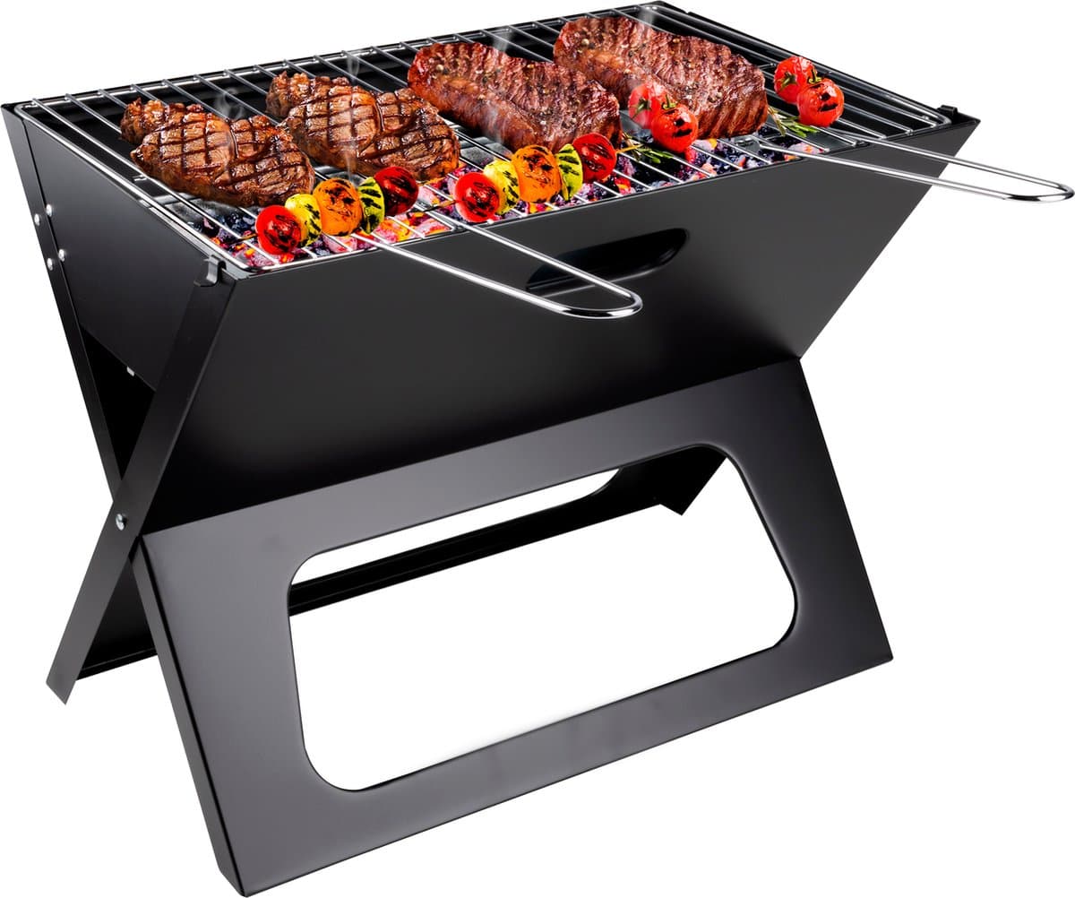alpina Tafel BBQ Houtskool - Tafelgrill met Grillplaat en Deksel - Compacte Barbecue met Grillplaat - Tafelbarbecue Draagbaar - Ideaal voor Buiten - Zilver