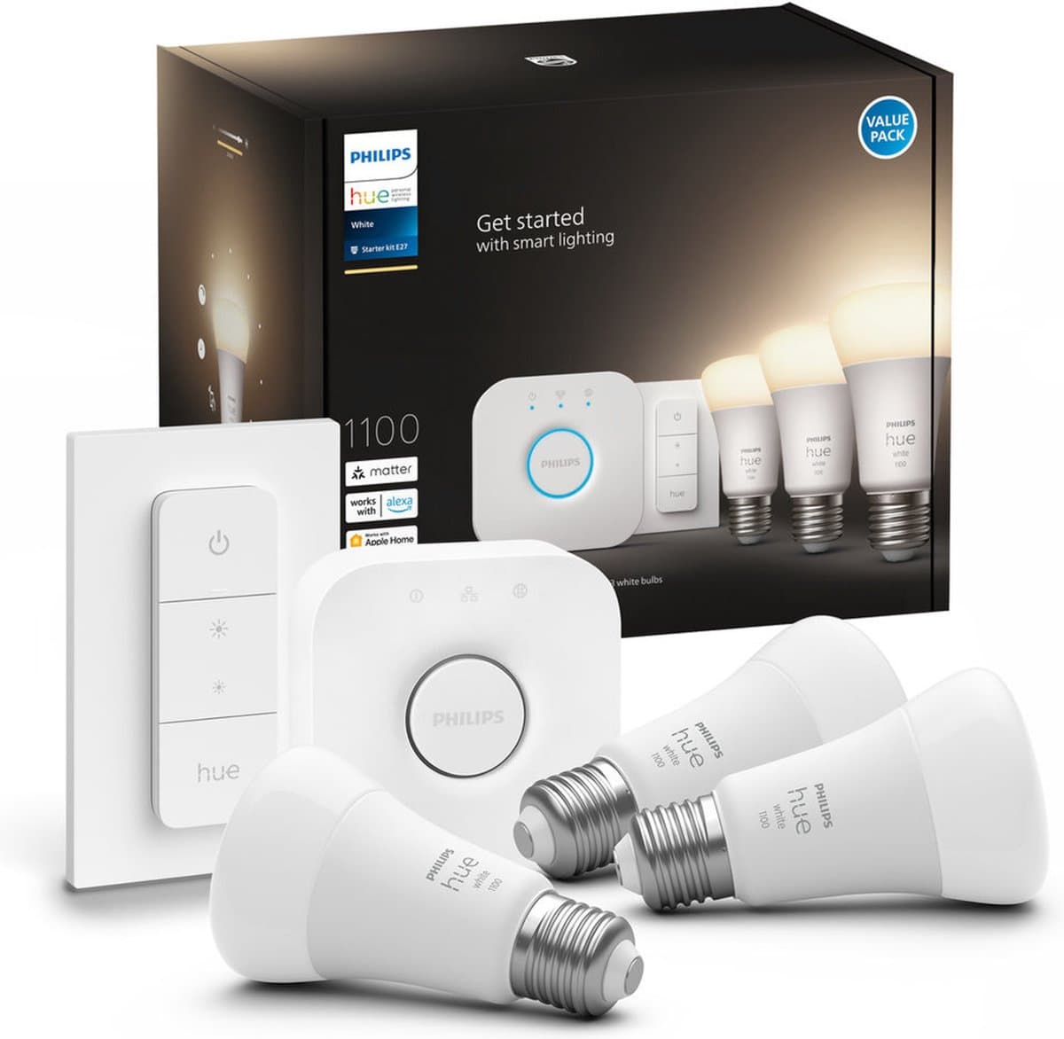 Philips Hue starterkit - warmwit licht - 3 lampen - E27 - 1100lm - 1 dimmer switch