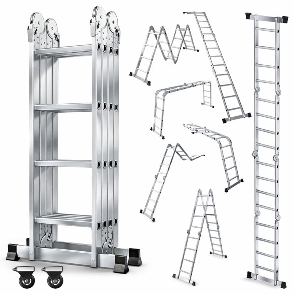 OUTIGO Multifunctionele ladder - 4,6 meter - 7 in 1 - opvouwbaar - aluminium - met 2 wielen - geschikt voor huishoudelijk gebruik - 16treden
