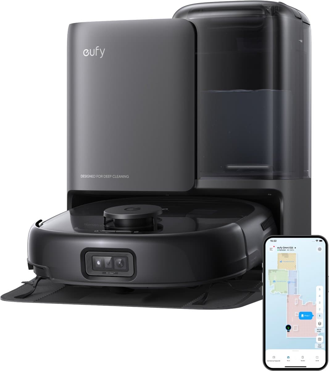 eufy Robotstofzuiger Omni E25, HydroJet dweilsysteem, 20.000 Pa zuigkracht, DuoSpiral borstels die ontklitten, CornerRover arm voor het schoonmaken van hoeken, alles-in-één station, voor gezinnen met huisdieren en kinderen.