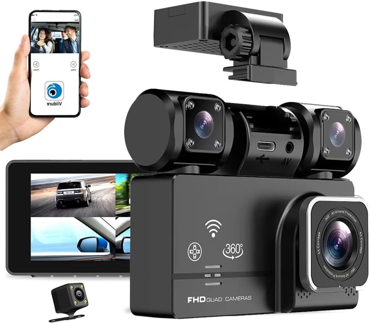 4-kanaals wifi-dashcam voor in de auto, 360-graden panoramische bescherming met WDR, 1080p HD-camera's voor en achter, draaibare lens, infrarood nachtzicht, videorecorder