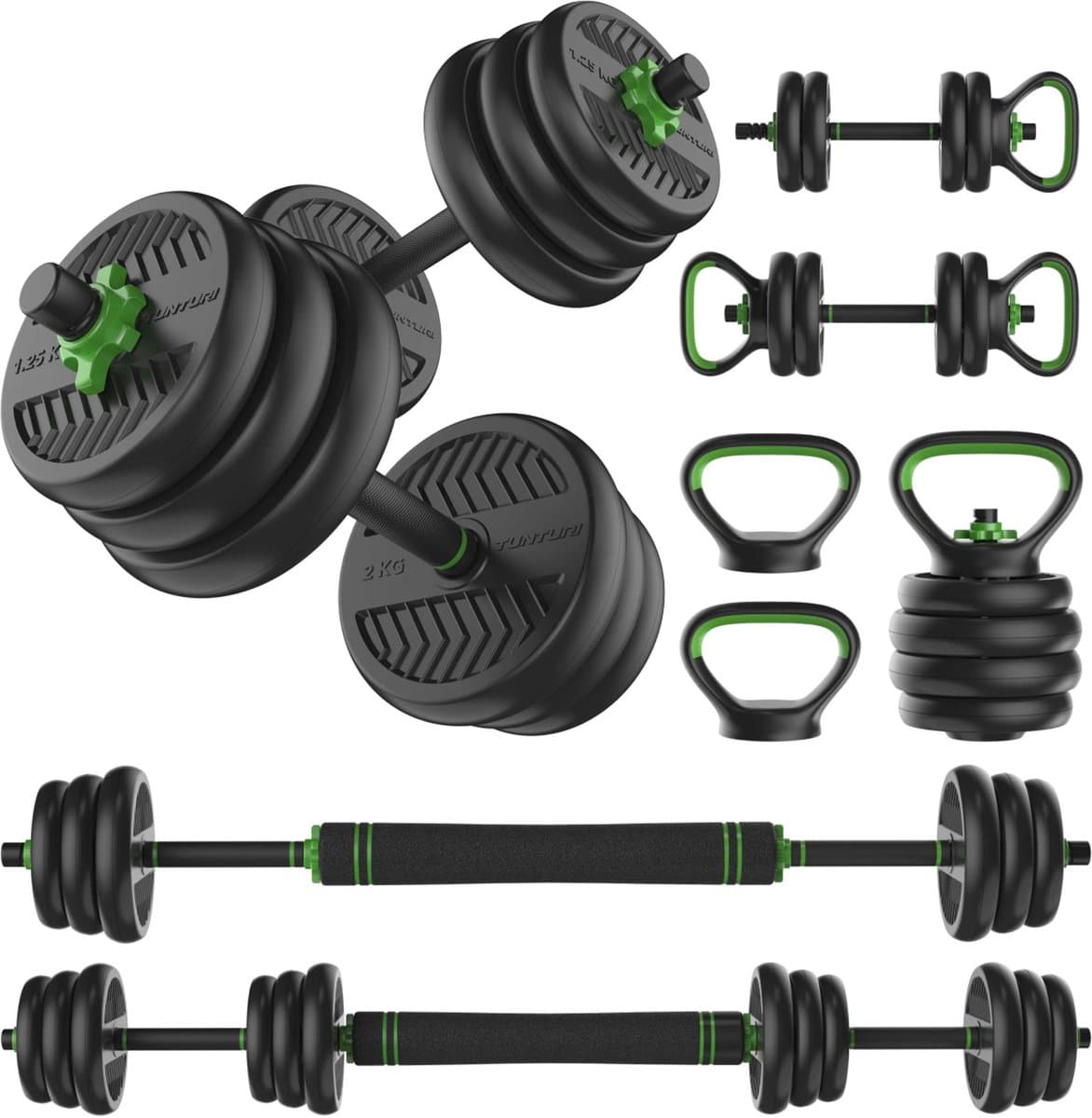 Tunturi Halterset en Dumbbells Vinyl 20 kg – Gewichten Set met Kettlebell en Barbell – Opdruksteunen - Schroefsluiting 30 mm – Anti-Slip Grip