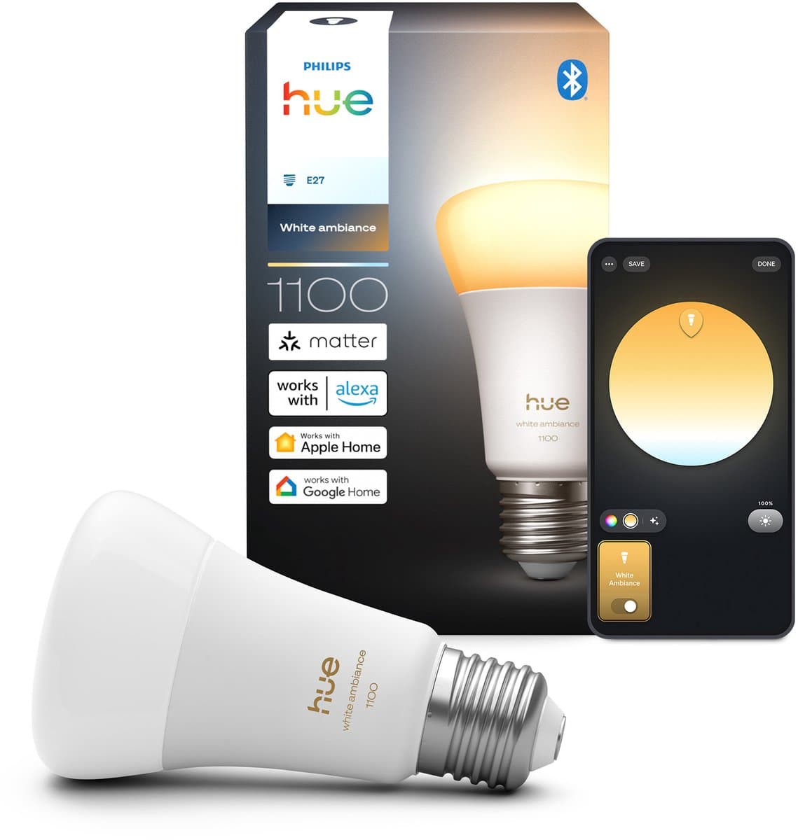 Philips Hue Slimme LED A60 lamp, Warm tot koel wit licht, E27 Fitting