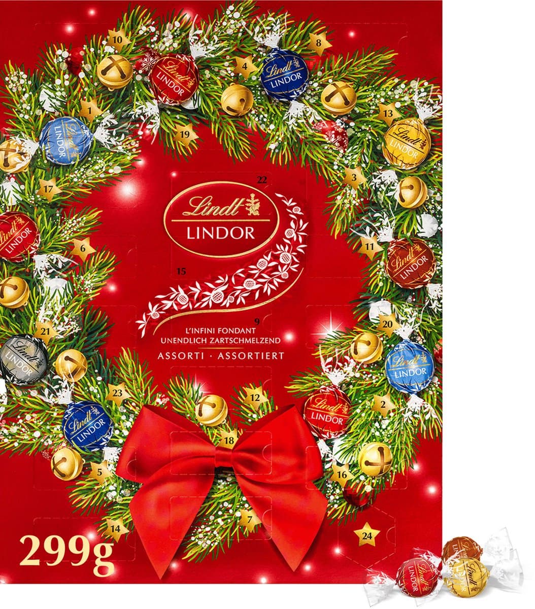 Lindt LINDOR Chocolade Adventskalender 2026 - Bonbons gemengd 299gr - 24 premium chocolade bonbons - Aftellen tot Kerst - Kerstcadeau - Chocolade cadeau voor mannen en vrouwen