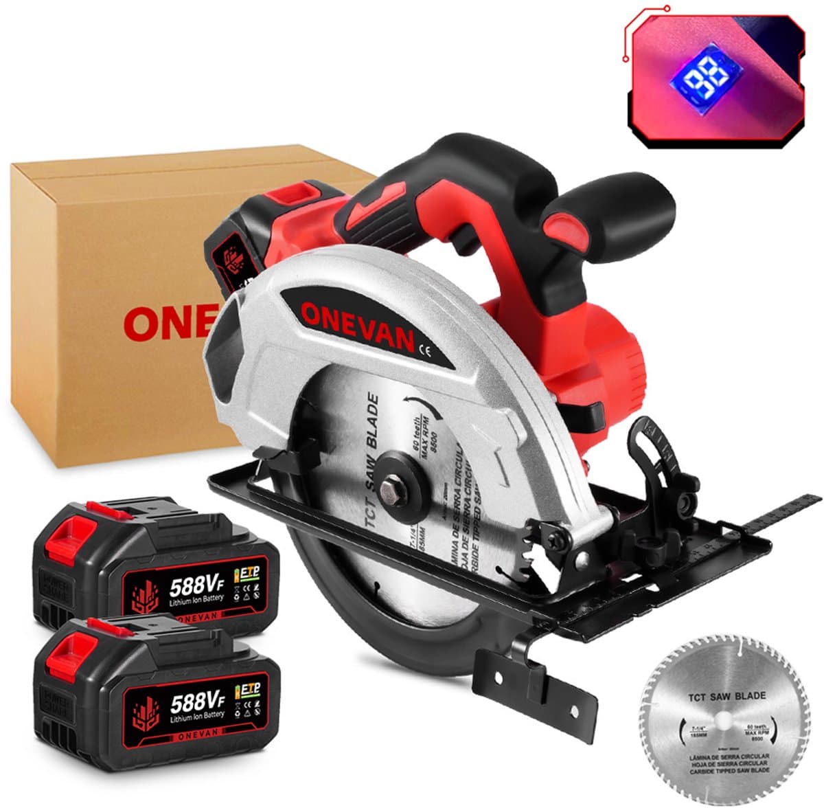 ONEVAN Accu Cirkelzaag - 185 mm Handcirkelzaag - Borstelloze - 9000RPM - invalzaag zaagdiepte 45,5 mm - met 2x accu's - voor het zagen van tegels en hout