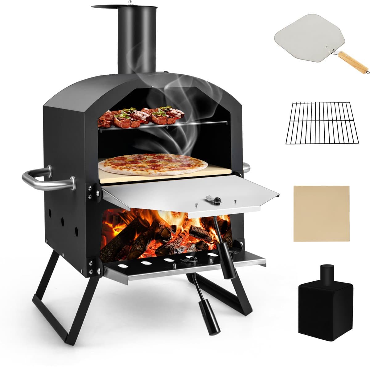 COSTWAY Outdoor pizzaoven, 2-laags pizzaoven met grillrooster, pizzasteen, pizzaschep, waterdichte afdekking, hittebestendige handgrepen en inklapbare poten, voor picknick, feest, camping
