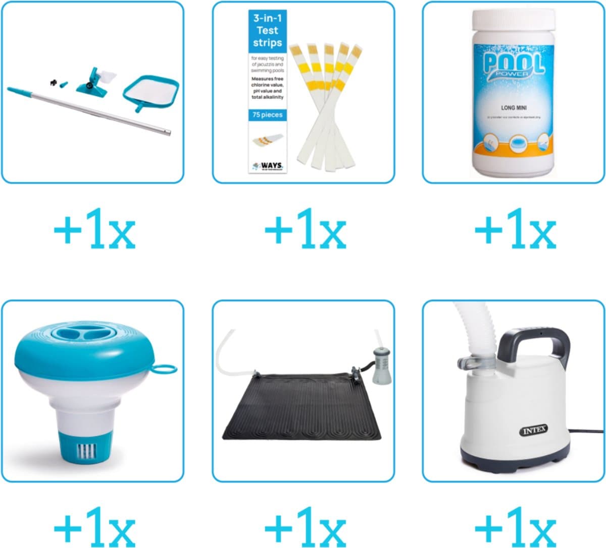 Accessoires voor Intex Easy Set Zwembad - 305x76 cm - Rond - Opblaasbaar - Met filterpomp - Intex - 28002 - Schoonmaakset - Testrips - Chloor - Chloordrijver - Solar Mat - Dompelpomp