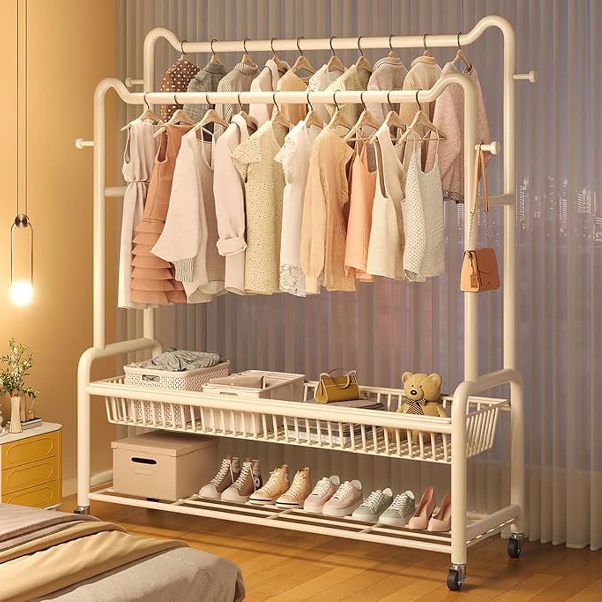 Garderoberek met Schoenenrek en Wielen 120 x 40 x 160 cm – Vrijstaand Kledingrek met Opbergplank, Verrijdbare Kapstok, Metalen Kledingstandaard voor Hal, Slaapkamer, Woonkamer en Wasruimte