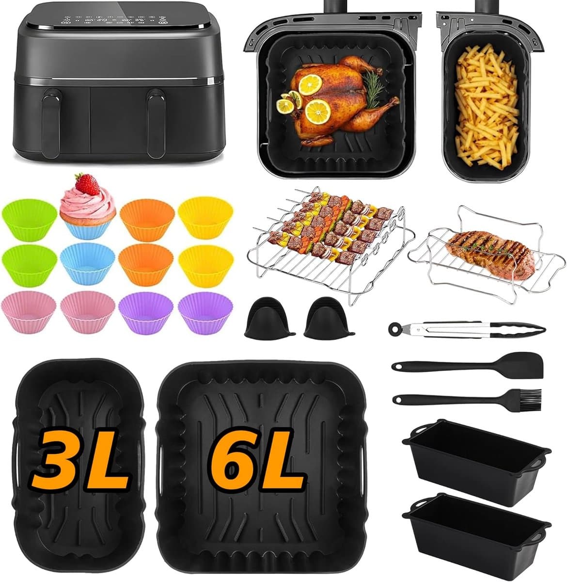 Airfryer accessoires voor Philips Dual Basket 3000/5000 Serie – 28 delig – geschikt voor 3L & 6L – BPA-vrij siliconen – 304 roestvrij staal – grillrek – spiezen – vaatwasserbestendig – inclusief muffinvormpjes