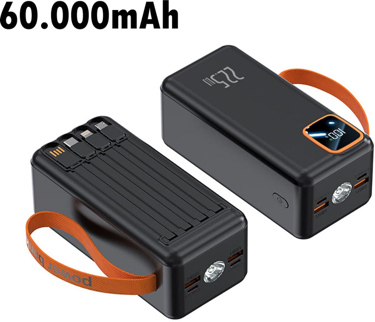 De Beste Gadgets Powerbank 60.000mAh – 30W Snelladen – 4 Ingebouwde Kabels – USB-C, Lightning & Micro-USB – Draagbare Oplader voor iPhone, Samsung, iPad & Meer
