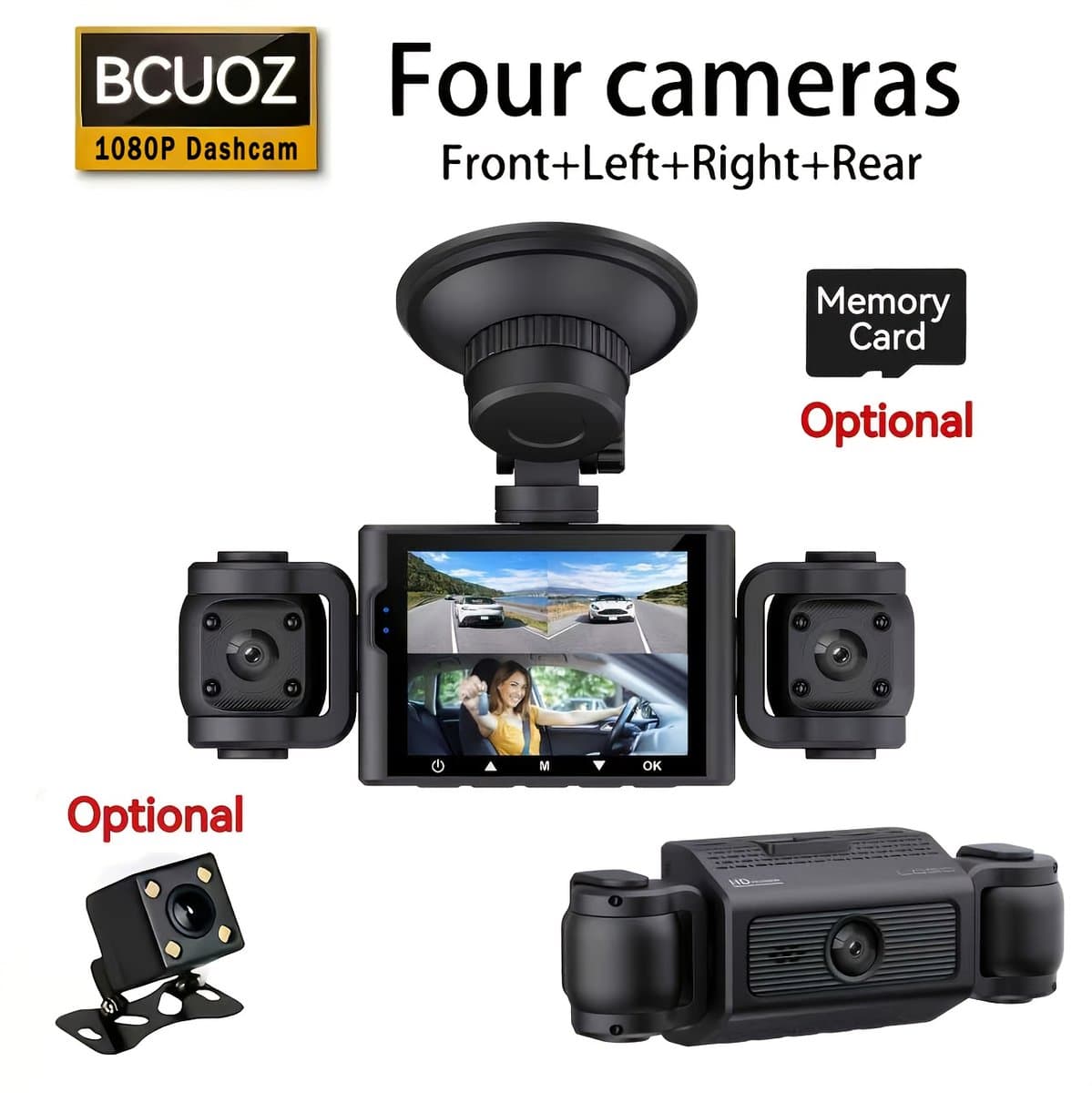 360° vierkanaals dashcam - Uitgerust met een 1080p-camera aan de voorzijde en 480p-camera's aan de achterzijde, met ondersteuning voor nachtzicht, breed dynamisch bereik, 6,1-inch IPS-scherm, loopopname, G-sensor en 24-uurs parkeerbewaking.