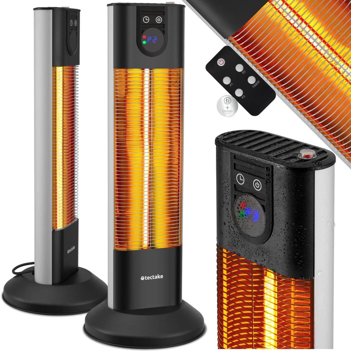 tectake® Infrarood Verwarming - Heater - 1500W - 3 Niveaus - Staand - Infraroodstraler Terras - Elektrische Kachel - Afstandsbediening en Timer - Kantelbeveiliging