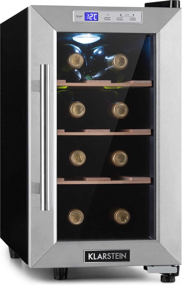 Klarstein Wijnkoelkast, Drankenkoelkast smal, 1 zone koelkast met glazen deur, Outdoor drankenkoelkast vrijstaand, Wijnkoelkast klein, Koelkast met uv-bescherming, 11-18°C, 8 flessen