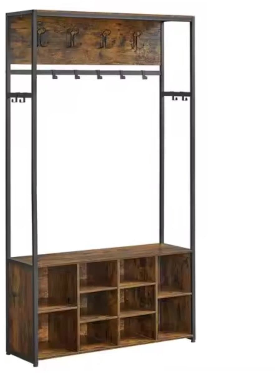 LeeuwenChoice® Kapstok Kledingkast Schoenenrek 3-In-1 - Garderoberek - Vintage Bruin Houtlook - 32x100x180cm