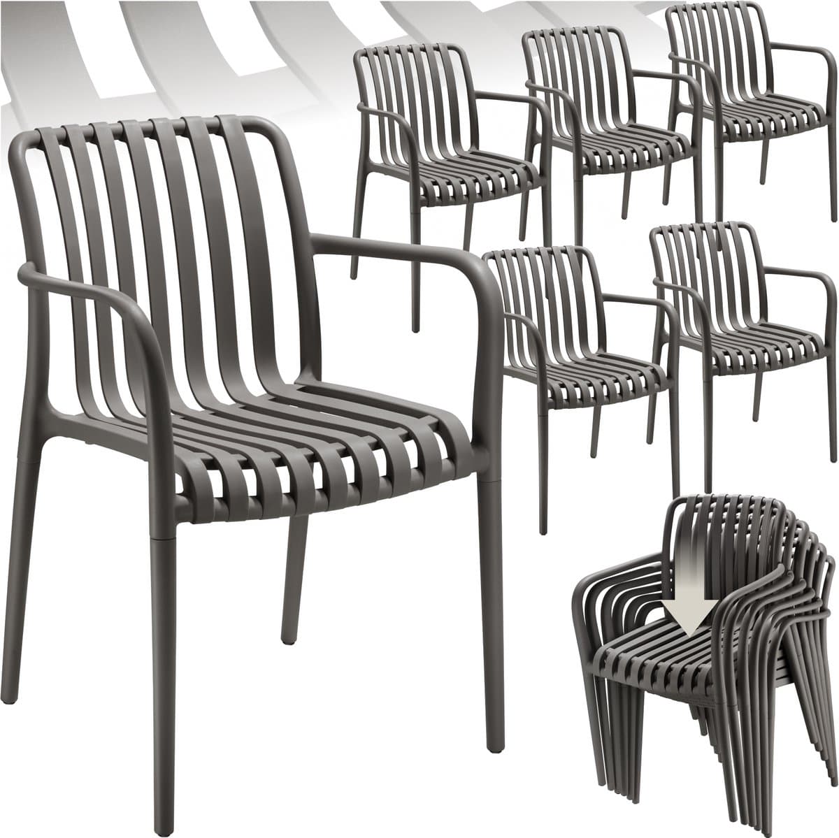 tectake® Set van 6 Tuinstoelen Alcudia - Antraciet - Kunststof Stoelen met Armleuning - Tuinset voor om de Tuintafel of op de Camping - Stapelbaar - Stoelen voor Tuin, Terras of Balkon - Weerbestendig en UV-bestendig - Draagkracht 120kg per Tuinstoel