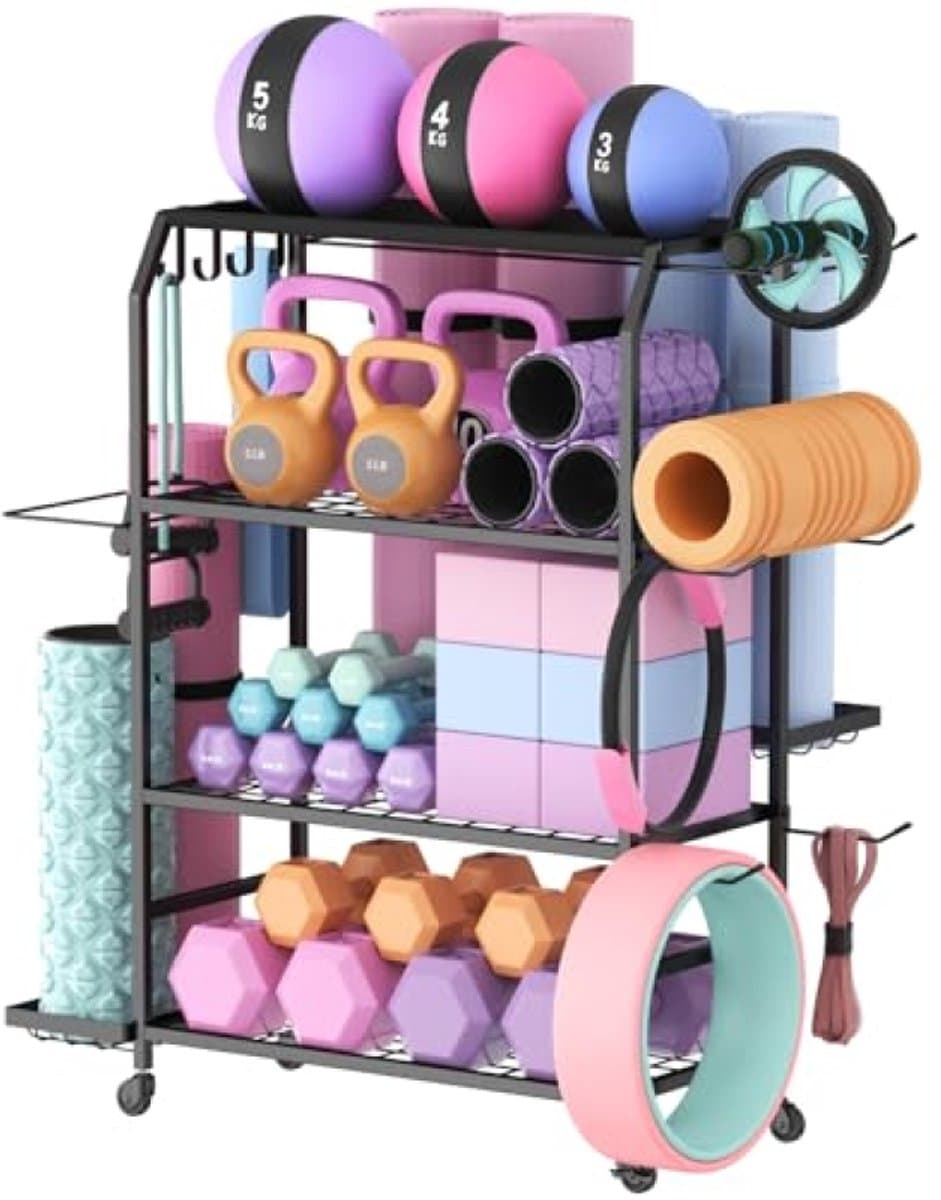 Yogamat Opbergrek - 4-laags Fitness Accessoires Organizer voor Halter, Kettlebell, Yogablok, Schuimrol - Verrijdbaar met Zwakwielen en Haken - Zwart