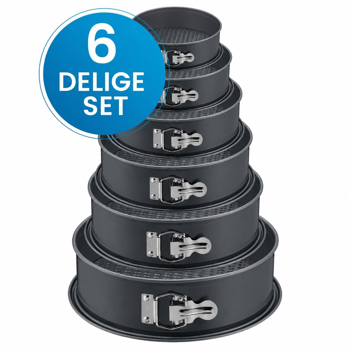 Ronde bakvormen - 6 Delige Set - Taartvormen - Springvorm Set - Non-stick Coating - Ø12 t/m 28 cm - Losse Bodem - Stapelbaar - Voor Cake, Taart, Quiche - Zwart