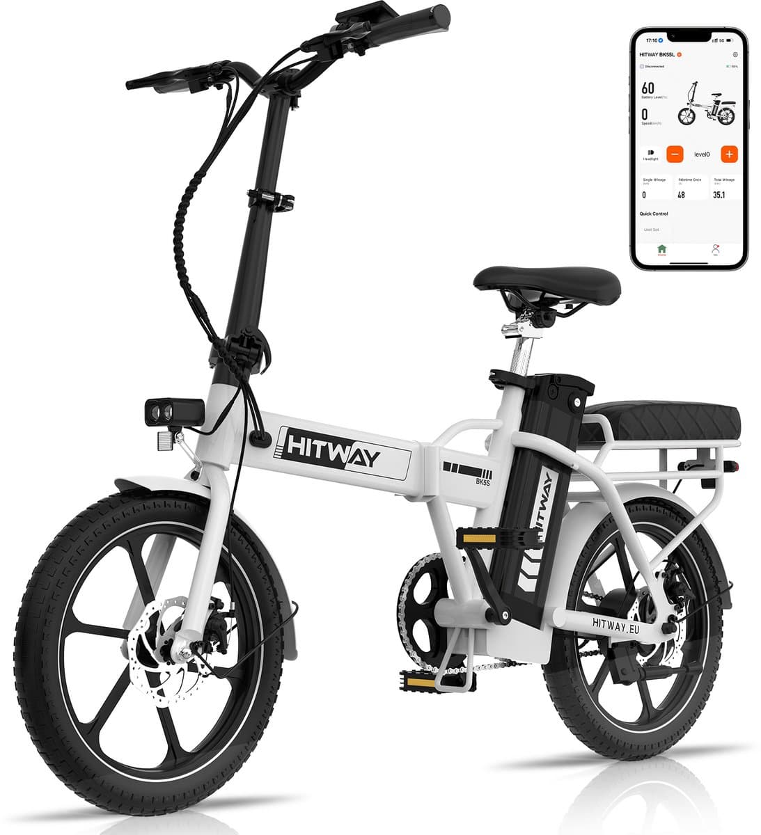 Hitway Elektrische Fiets BK5SL - 16 Inch City Commuter EBike met Afneembare 36V 13Ah Lithium Batterij - Opvouwbaar E-Bike met 250W Motor - IP54 Waterproof