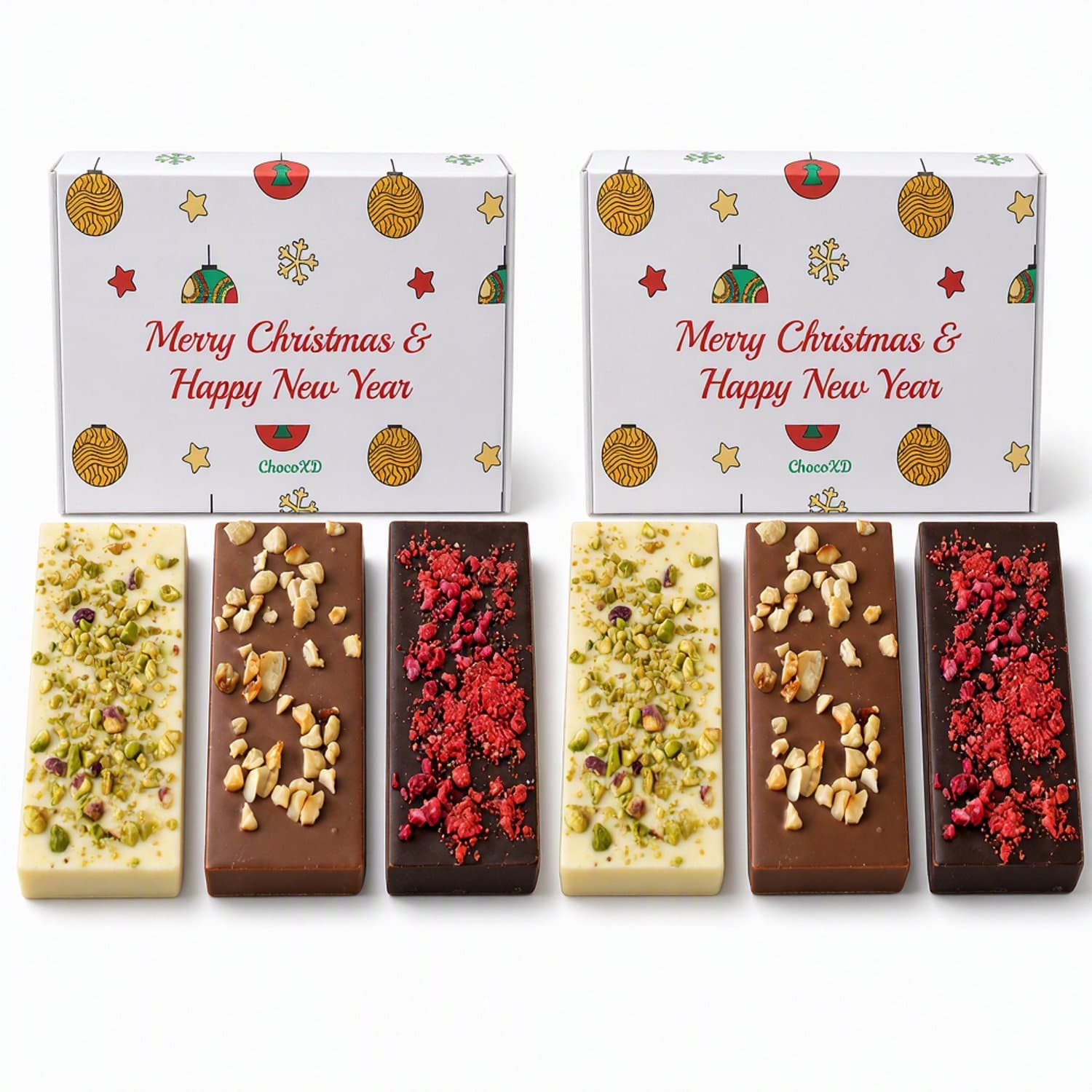 Kerst Chocolade - Set van 2 chocolade dozen - Christmas chocolate gift - Kerst- en nieuwjaarscadeau - Fairtrade Chocolade - Brievenbuspakket - Handgemaakte chocolade