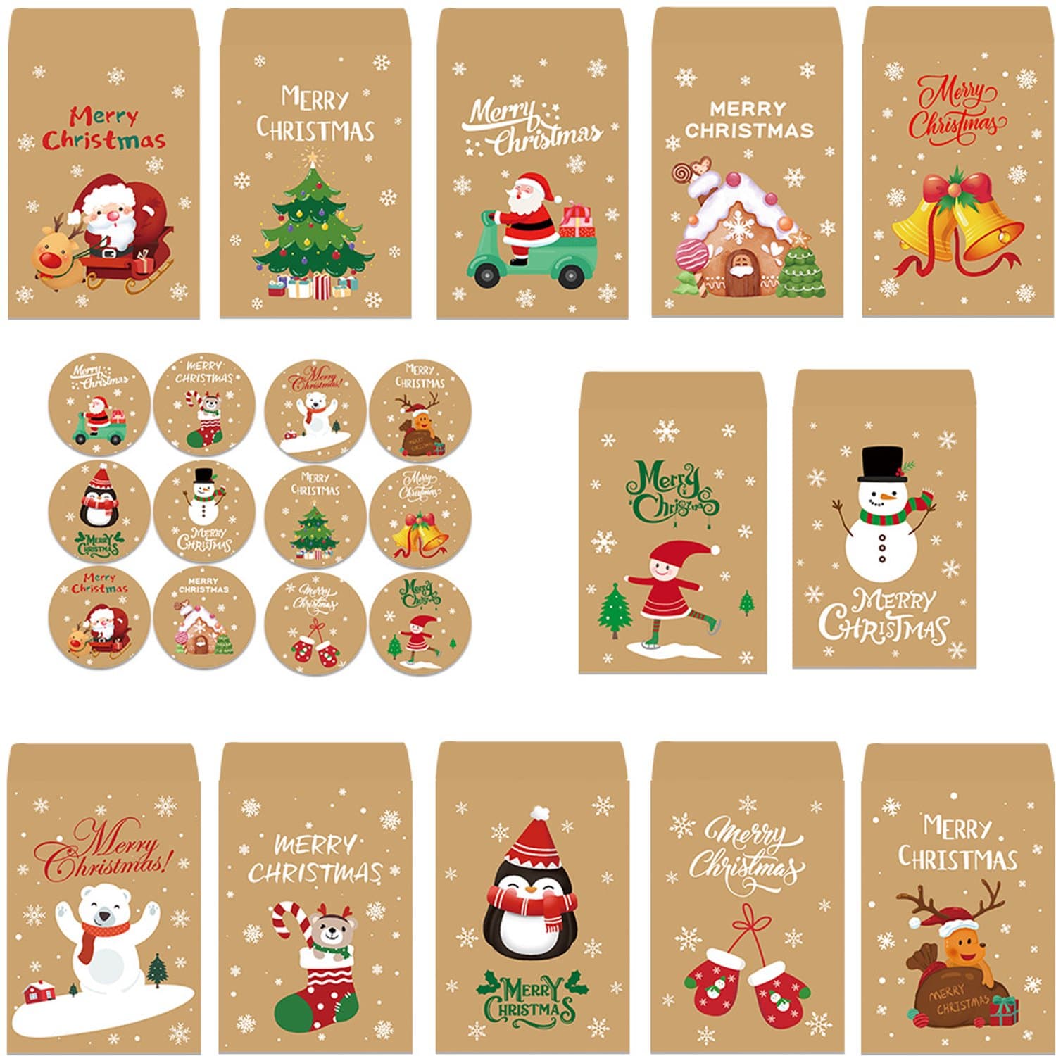 Kerstcadeauzakjes - 24 Stuks - Papieren zakjes - Kerstzakjes - Papieren Tassen - DIY Adventskalender - Kleine cadeautasjes - Mini Kerstgiftzakjes met Stickers - Snoepzakjes voor koekjes, bonbons, chocolade en andere feestartikelen - 11 x 7,7 cm