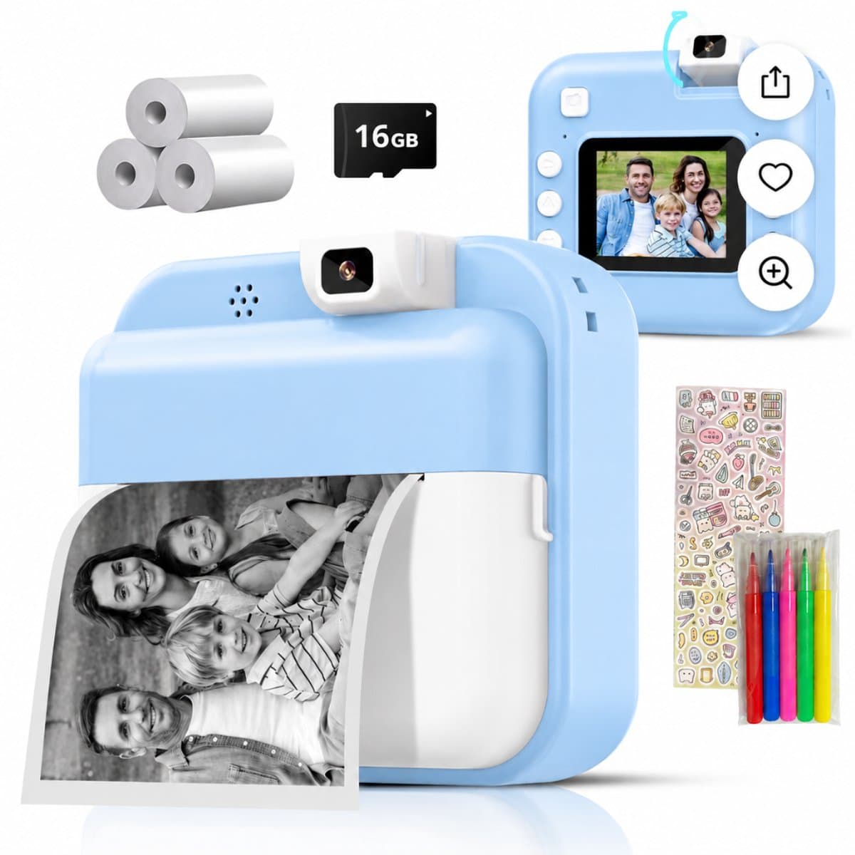 Luumuu® Digitale Kindercamera Met Foto Printer - Fototoestel Voor Kinderen - Kinder Fotocamera Instant Print- Speelgoed Video Camera Kind - Vlogcamera Kids - Sd Kaart 16GB - Blauw - Incl. Ebook