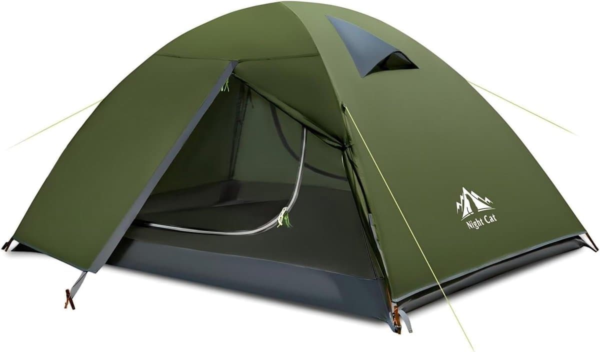 Night Cat 2-persoons kampeertent: waterdichte, lichtgewicht 3-seizoenentent die eenvoudig op te zetten is, inclusief voortent en compact pakformaat – geschikt voor trektochten en festivals.
