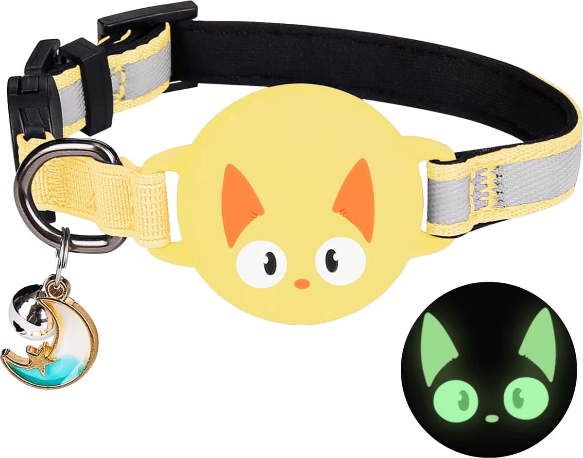 Pets n Paws Kattenhalsband Tag Houder - Verstelbare Halsband Kat - Met belletje - Glow in the Dark - Reflecterend - Geschikt voor AirTag - Kat GPS Tracker Houder - Kitten / Hond - Kattenbandje - Cat Collar - Kattenriem - Geel