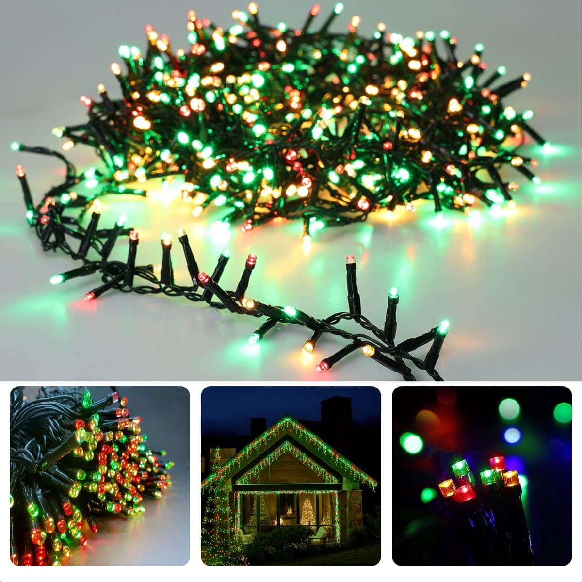 Cheqo® Kerstverlichting - Kerstboomverlichting - Kerstlampjes - 180 LED - 13,5M - Voor Binnen en Buiten - Timer - 3 Kleuren - 8 Lichtfuncties - Lang Snoer - Gekleurde Kerstverlichting - Sfeerverlichting - Rood - Groen - Extra Warm Wit