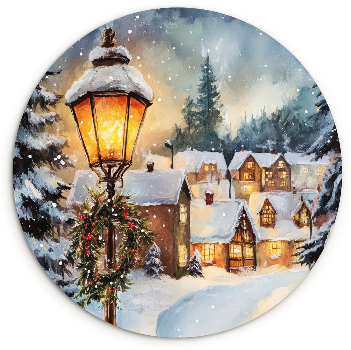 WallCircle® Wandcirkel 140x140 cm - Muurcirkel Kerstdorp - Huizen - Sneeuw - Kerst - Muurdecoratie woonkamer - Wanddecoratie slaapkamer - Kamer decoratie accessoires - Ronde schilderijen
