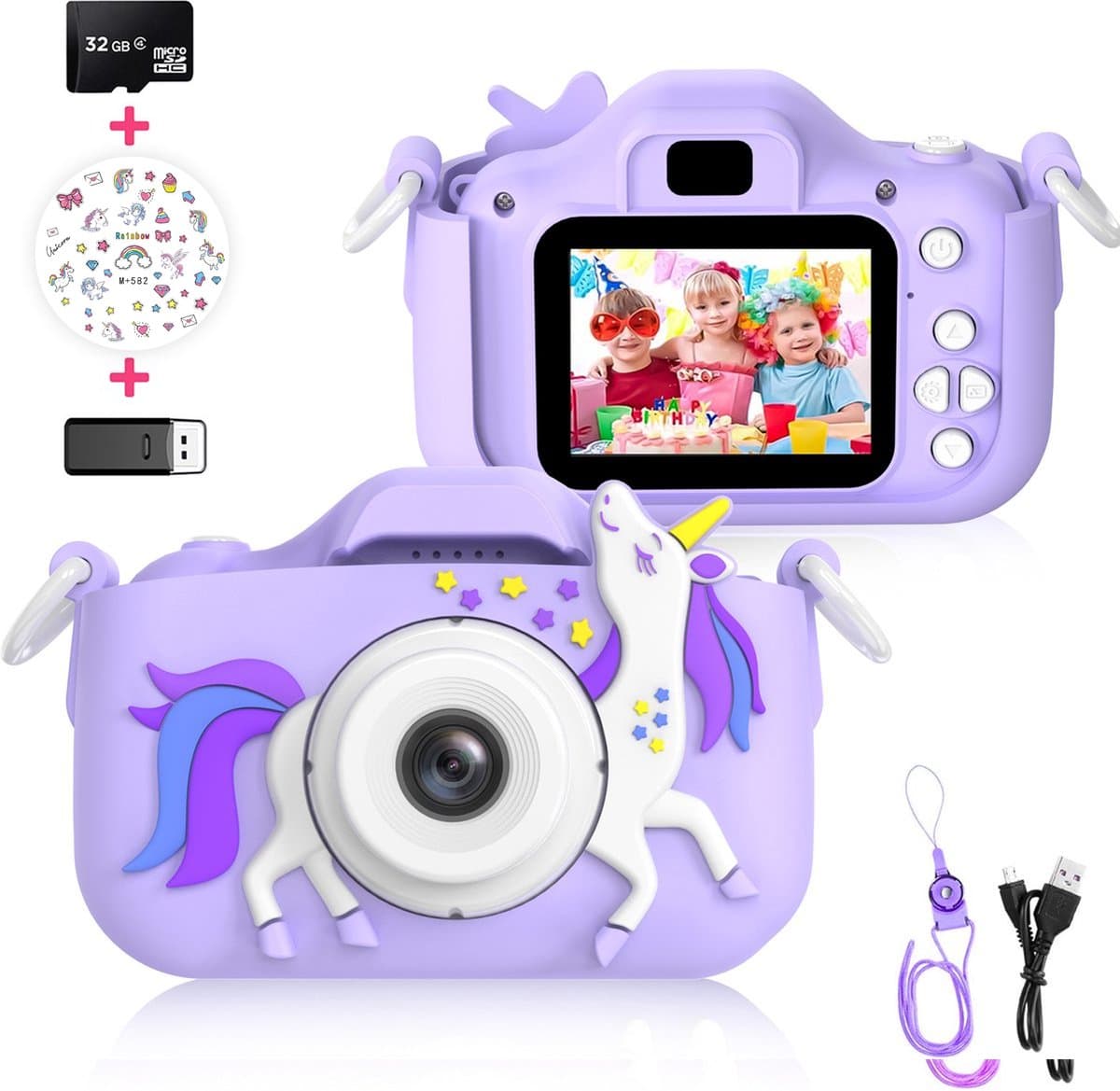 Ilona® Digitale Kindercamera HD 1080p inclusief stickervel - Speelgoedcamera - 32GB micro sd kaart - Fototoestel Voor Kinderen - Selfie Camera - Unicorn Paars