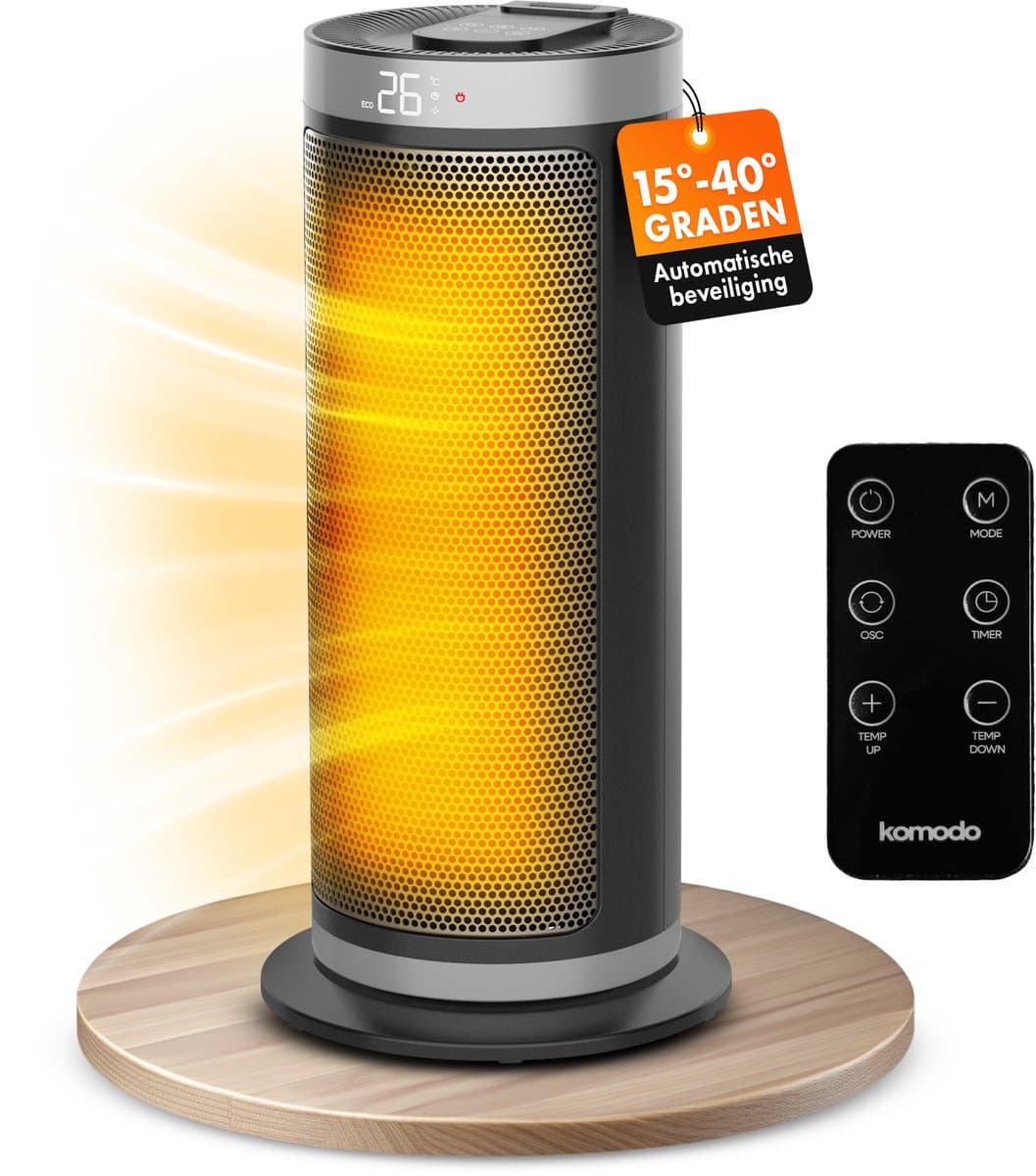 Elektrische Kachel 2000W - Keramische Ventilatorkachel - Heater - Afstandsbediening en Timerfunctie - 70° Draaifunctie - Komodo