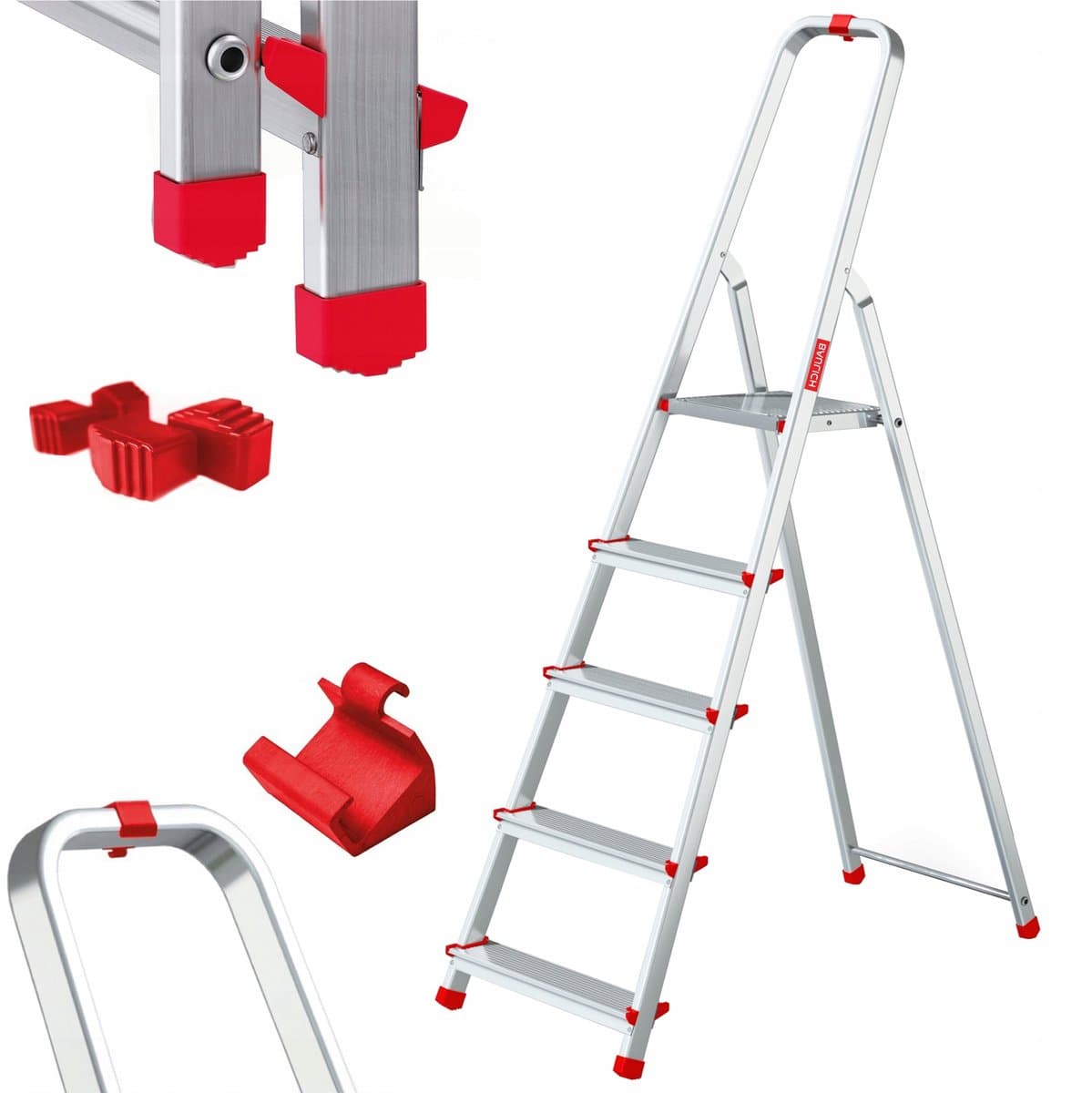 Baulich Aluminium trapladder voor huishouden - 5 treden met haak en antislip - werkhoogte 297 cm, draagvermogen 125 kg