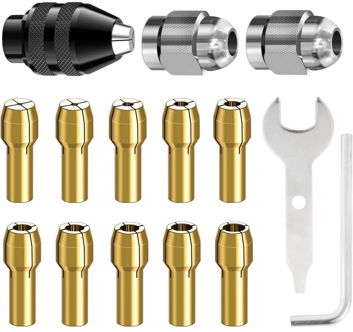 TOVBMUP Boorkopspantangset - 15-delig - Geschikt voor Dremel - Multitool-accessoireset - 1/32" tot 1/8" - Vervangt 4486 snelwisselboorkop - Wordt geleverd met vervangende 4485 messing spantang met metalen moer