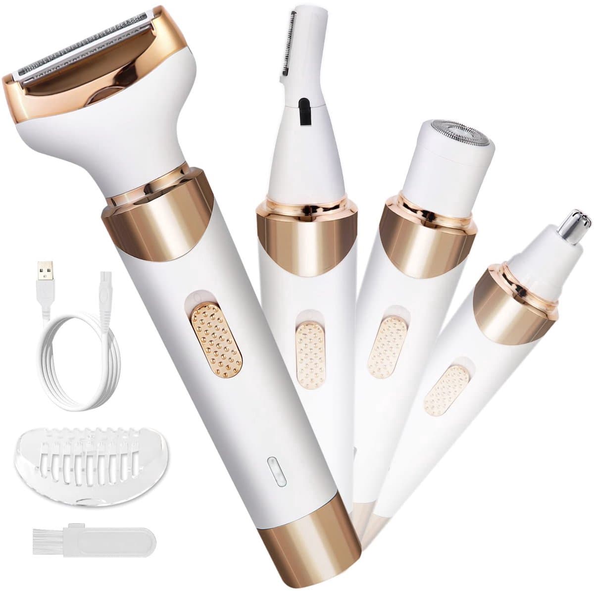 Elektrisch scheerapparaat voor vrouwen - 4-in-1 elektrisch scheerapparaat voor vrouwen - Pijnloos intiem scheerapparaat - Haartrimmer voor gezicht, neus, oksels, intieme zone, bikinilijn - Natte en droge ontharing - Oplaadbaar