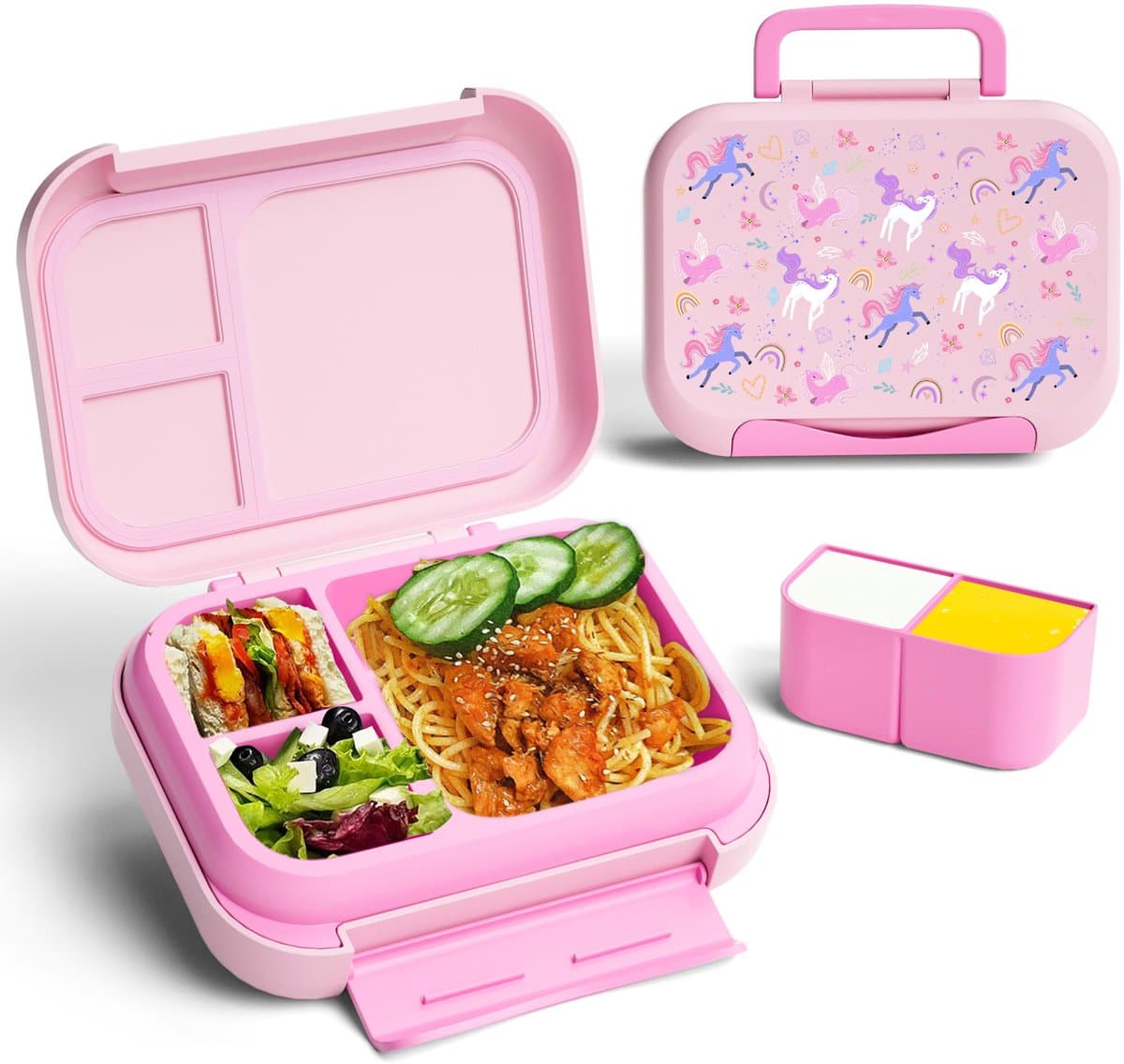 BentOH! Bento Box en Brooddoos 2-in-1 voor Kinderen - Eenhoorn - Lekvrij & BPA-vrij – Met 3 Uitneembare Vakken – Magnetron-, Vriezer- & Vaatwasser bestendig