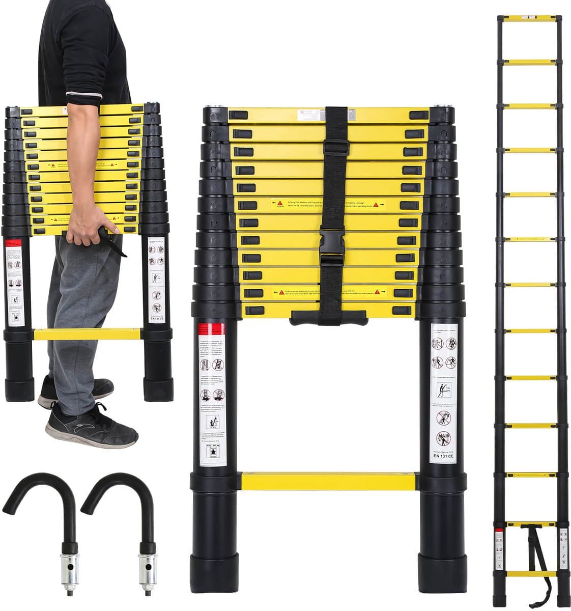 Telescopische Vouwladder - Telescopische Ladders - Soft Close - Werkhoogte 3,8 m -geel zwart met haak