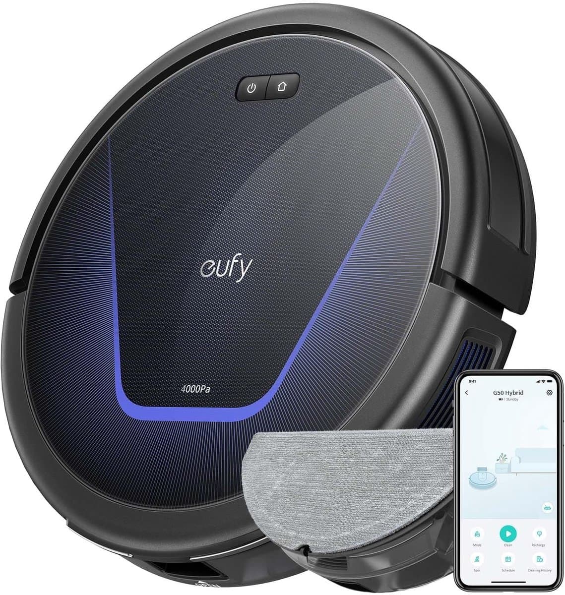 eufy G50 Hybride Robotstofzuiger met 4.000 Pa Sterke Zuigkracht, Dynamische Navigatie, Proontwarrende Kam, Rolborstel, Dweilpad voor Lichte Oppervlakte Reiniging, Ideaal voor Huisdierhaar, Harde Vloeren, Tapijt