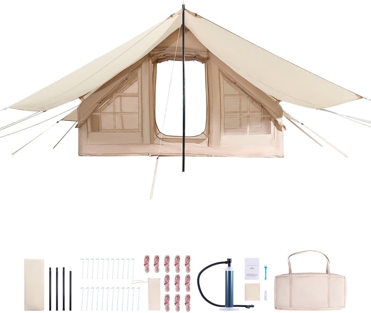 Opblaasbare Kampeertent 3x2x2 M, Geschikt voor 3-5 Personen, 300d Oxford Stof voor Alle Seizoenen, Glamping Tent met Luifel, Handpomp, Ovenopening, 2 Deuren & 2 Gaasramen