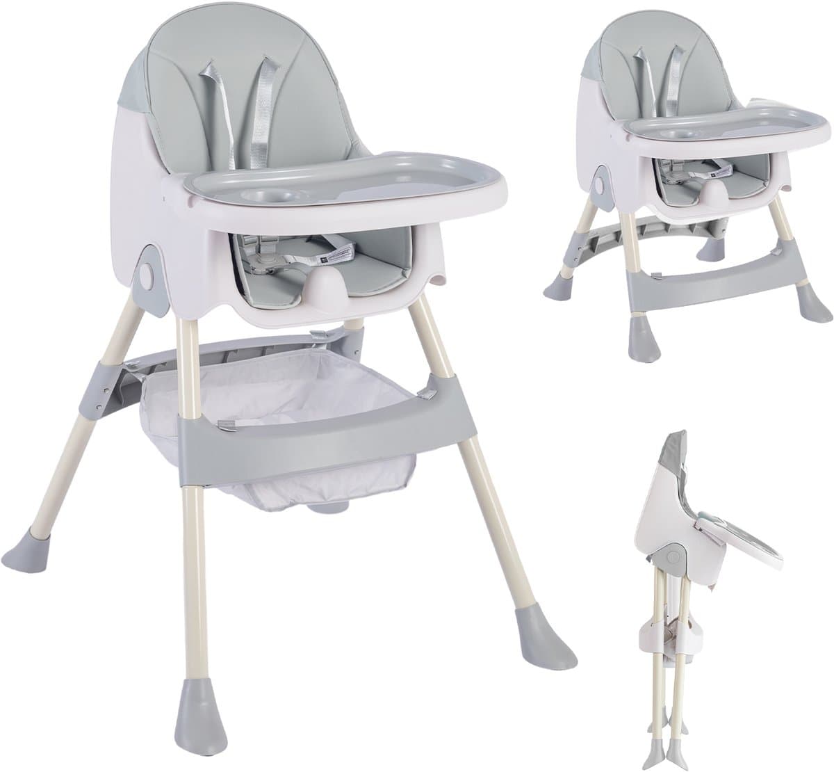 OFMOTRA Kinderstoel 3 in 1 - Inklapbare Eetstoel - Kinderzetel - met opbergmand - Verstelbaar Baby Stoel - Peuterstoel - 5-punts Gordel - Uitneembaar lederen kussen - Meegroei Stoel - Grijs