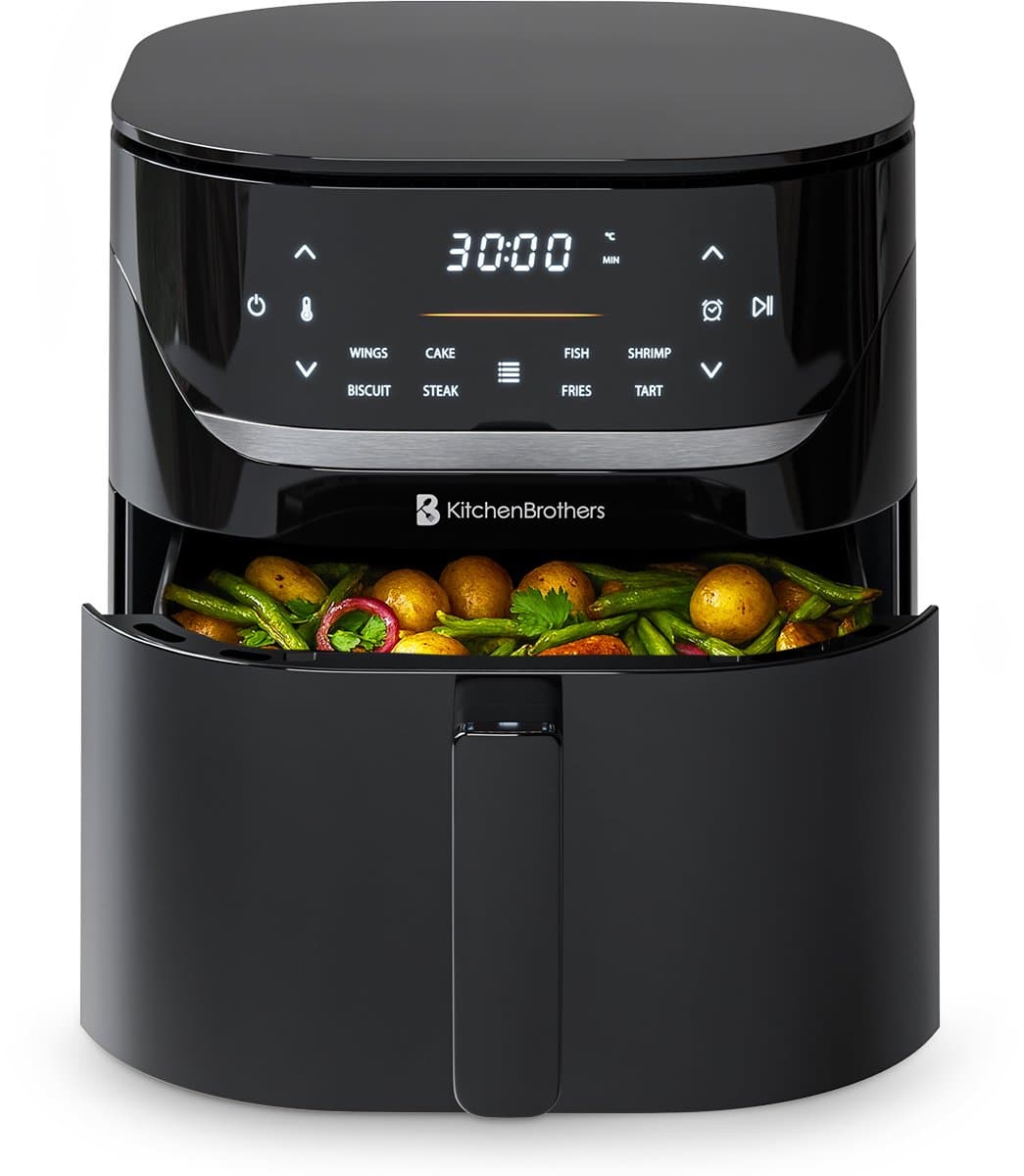 KitchenBrothers Airfryer XL - 5L - 1500W - PFAS-Vrij - Heteluchtfriteuse - 80ºC tot 200ºC - 8 Kookprogramma's - Zwart