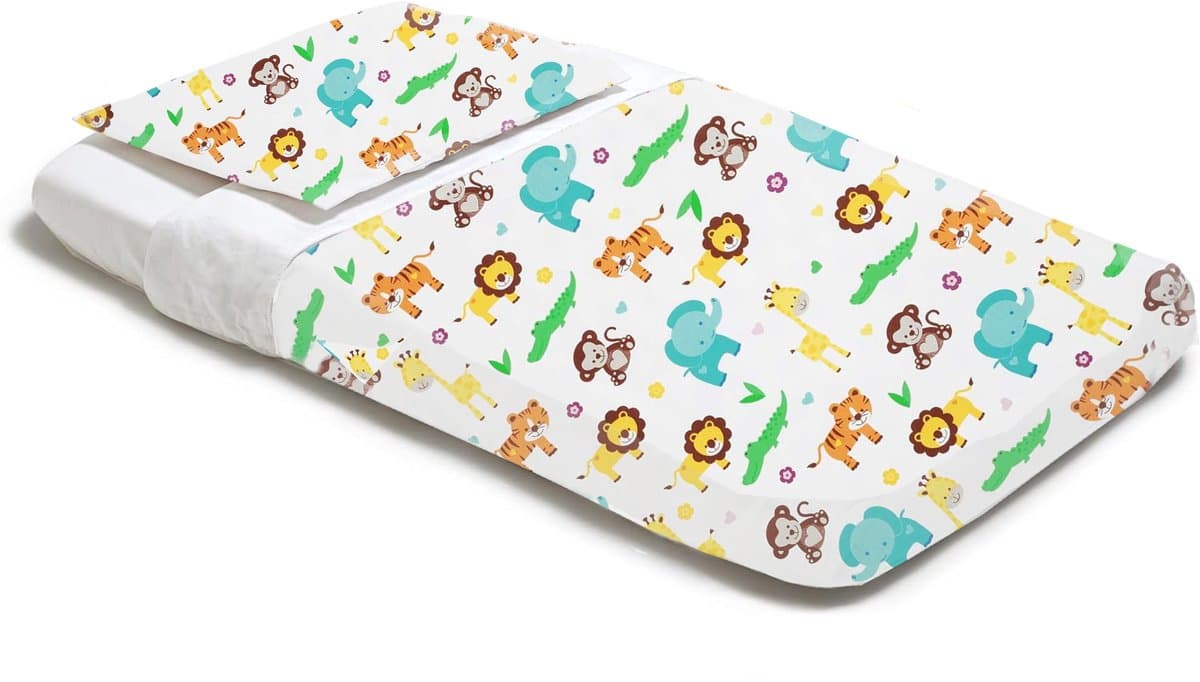4-delige Wieg Beddengoedset – 100% Katoen – Hoeslaken 83x50 + Dekbedovertrek + Kussensloop + Dekbed – Jungle motief | Perfect Kado