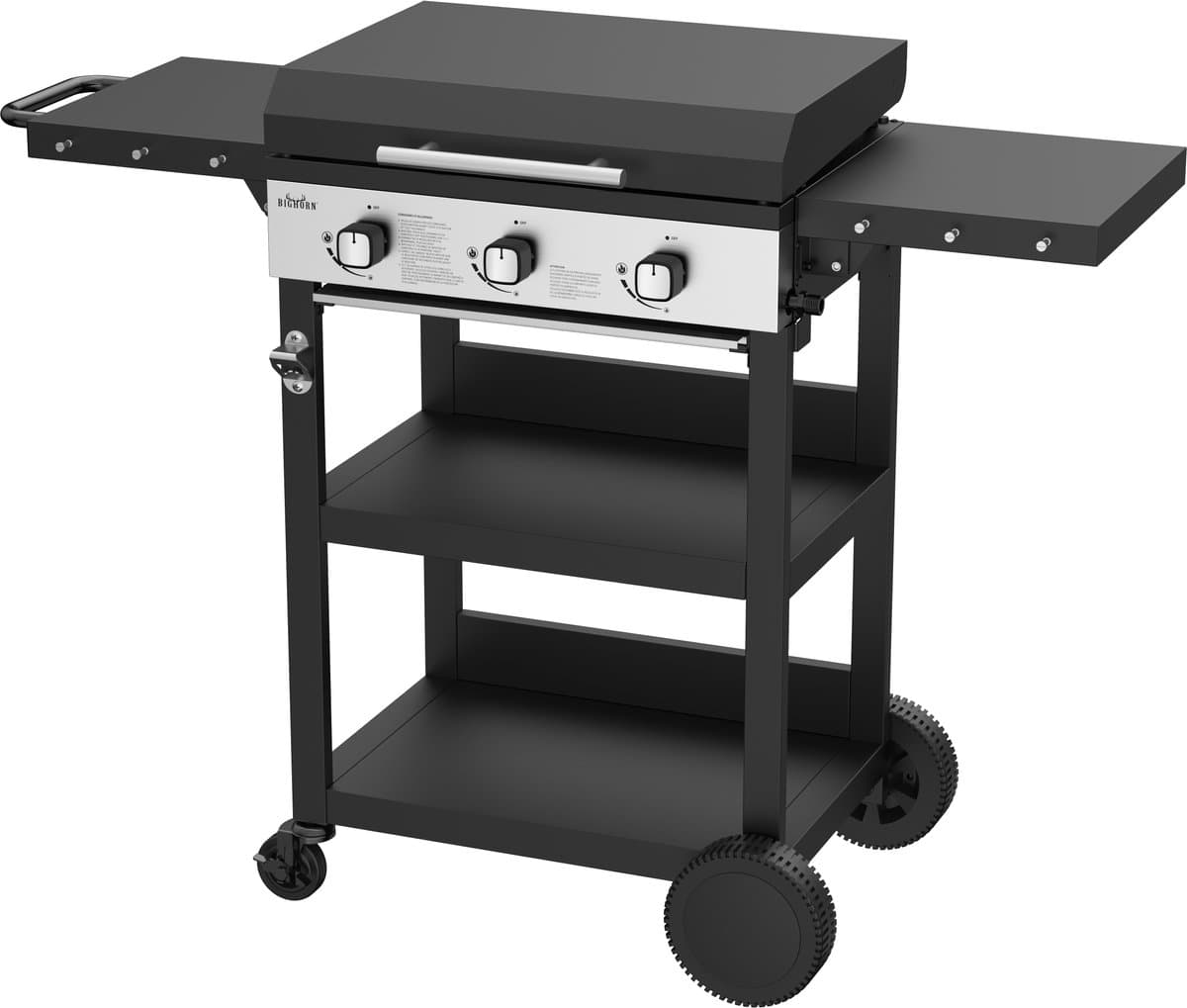 BIGHORN Gas Plancha BBQ met 3 Branders (7,2 kW) – Geëmailleerde Stalen Bakplaat – Grillwagen met Inklapbare Zijtafels – Zwart