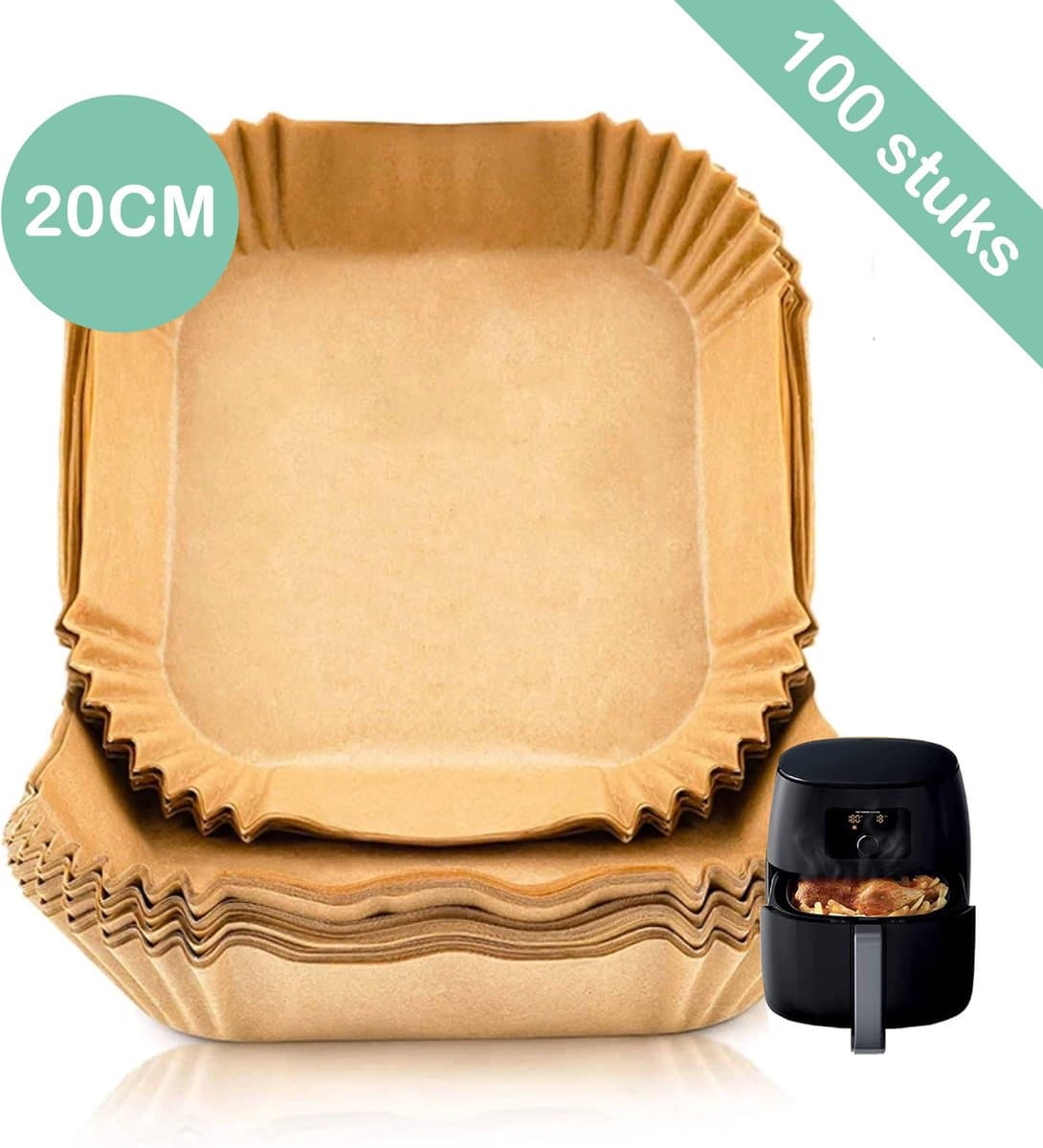 Airfryer Wegwerp Bakjes (100 stuks) - Airfryer Bakpapier - Airfryer Bakvorm - Airfryer Bakjes - Bakpapier Vierkant - Airfryer Accesoires - Heteluchtfriteuseaccessoires - Bakpapier Airfryer - Non Stick - 100 stuks - 20 CM - Bruin